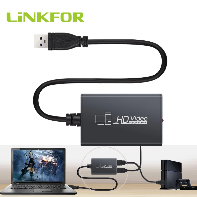 

LiNKFOR 1080P HDMI-compatible To USB3.0 Live Video Game Capture Card With HDMI-compatible Loop-Out Microphone Input For PS4 TV