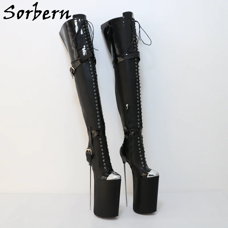 Sorbern 30Cm Metal High Heel Boots Unisex Crotch Thigh High 75Cm Real Leather Women Long Platform Boots Half Zipper