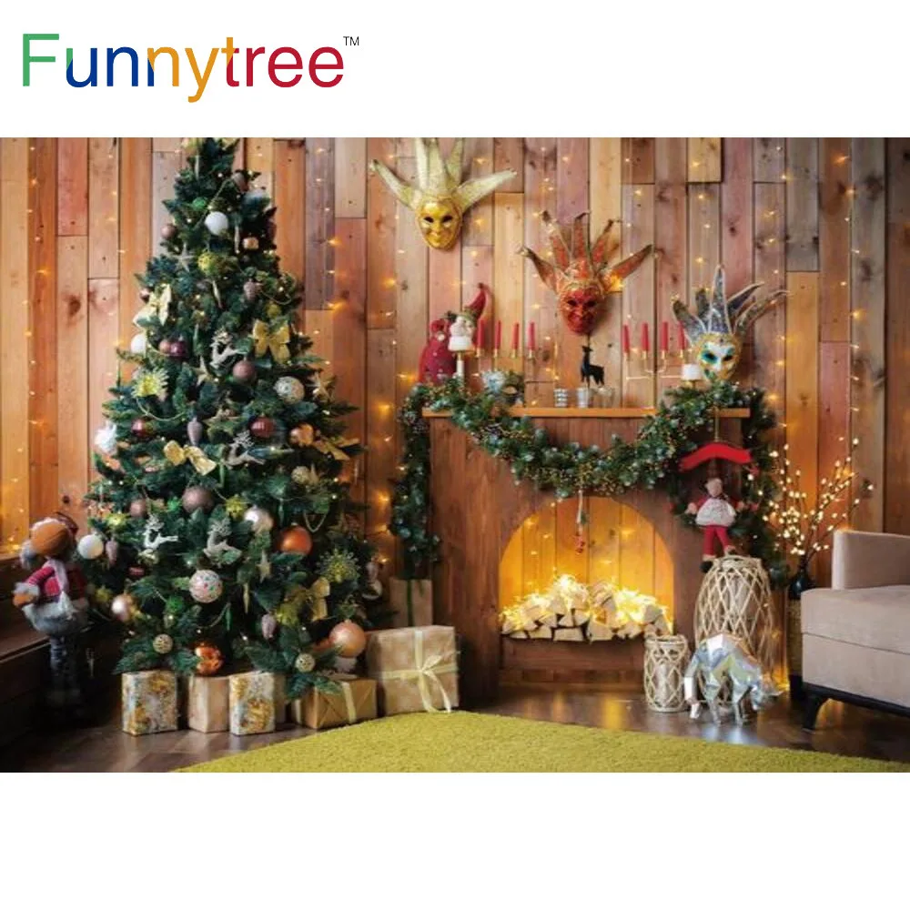 Funnytree Winter Christmas Gingerbread House Backdrop Lights New Year Trees Santa White Snow Night Sugar Gold Bells Background