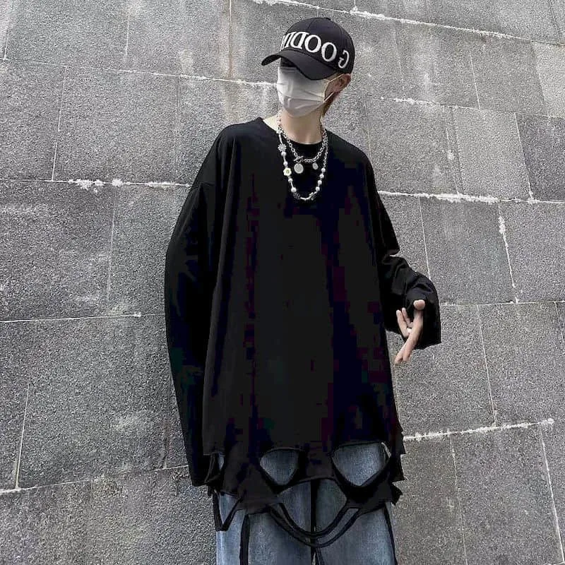 

Men women hole bottoming shirt long-sleeved tops high street hip-hop personality knife cutting solid color T-shirt 2022 autumn