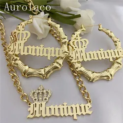 AurolaCo Custom Name Earrings Personalize Stainless Steel Round Bamboo Earrings Gold Choker Necklace Set For Women Jewelry Gifts