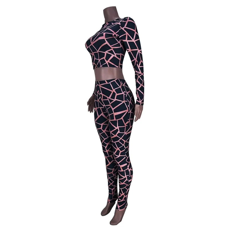 Plaid Printing 2 Piece Sets Womens Outfits Club Wear Long Sleeve Crop Top and Pant Suits Sexy Party Birthday Bodycon Co Ord Set