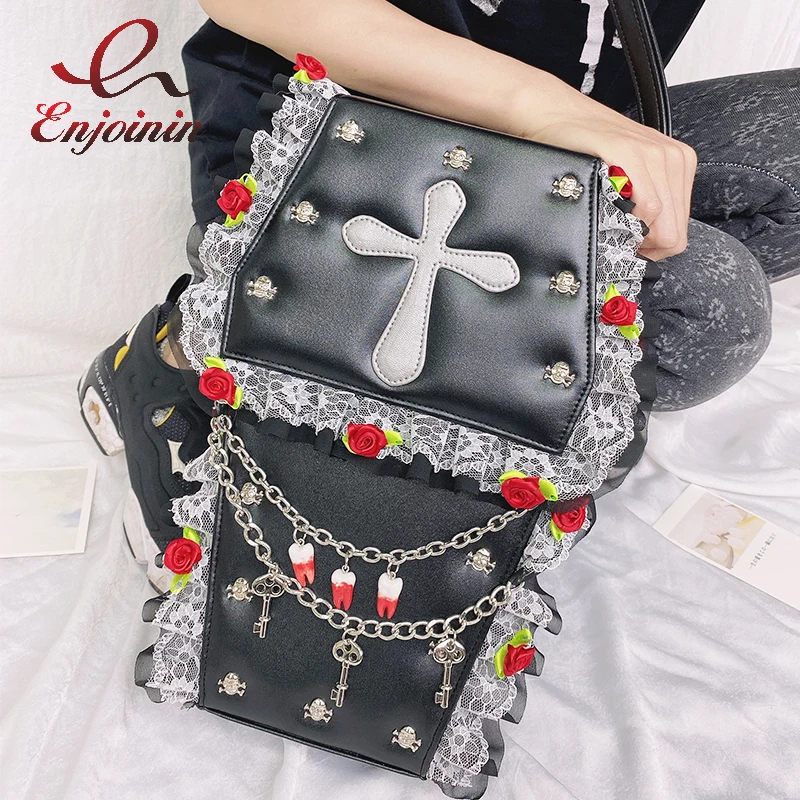 Goth Style Women Shoulder Bag Fashion Coffin Shape Skull Rivets Purses and Handbags for Girls Female Flower Lace Crosbody Bag