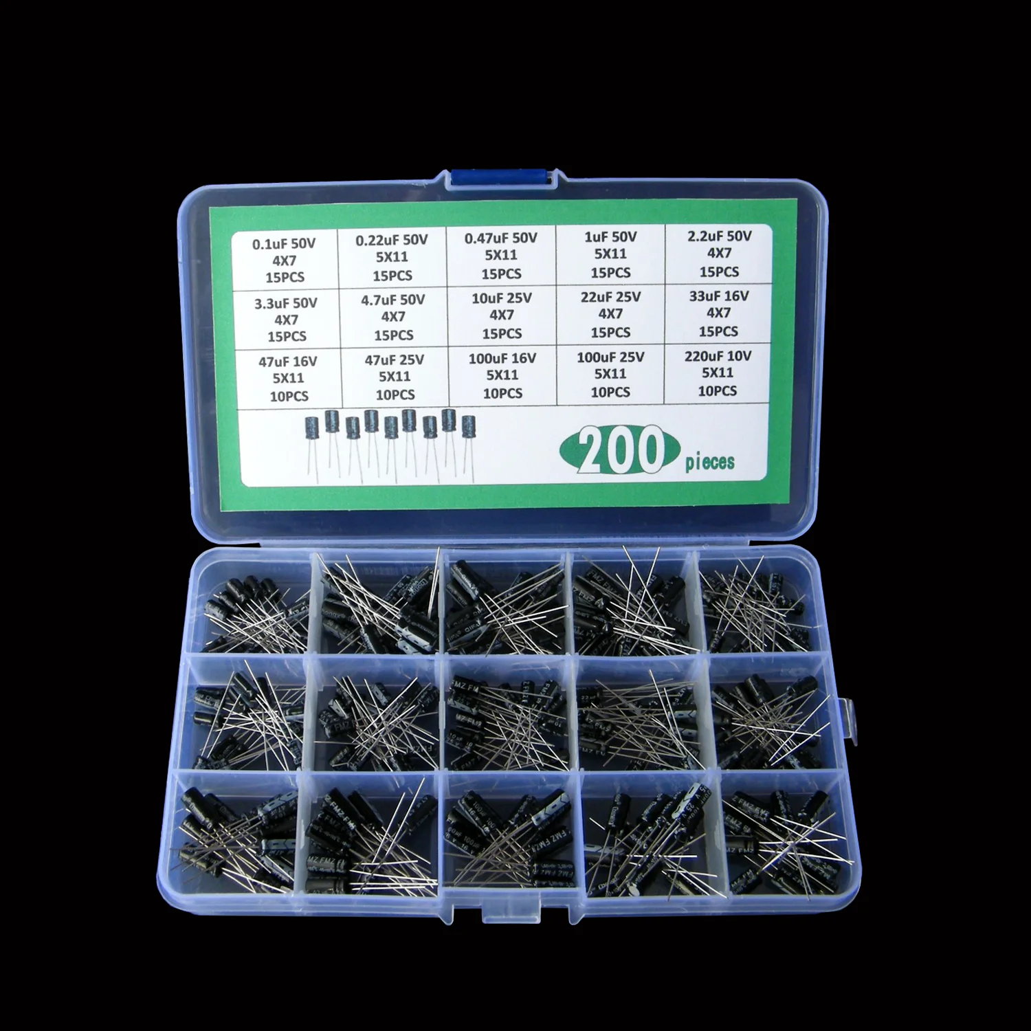 200Pcs/lot 0.1uF 50V-220uF alues Aluminum Electrolytic Capacitors 10-50V mix Electrolytic capacitor Assorted kit and storage box