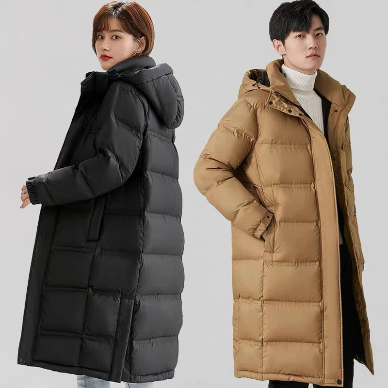 Women Winter Down Coats Thick Warm White Goose Down Hodded Midi Length Parkas Outerwear Solid Couple Outfit S-3XL