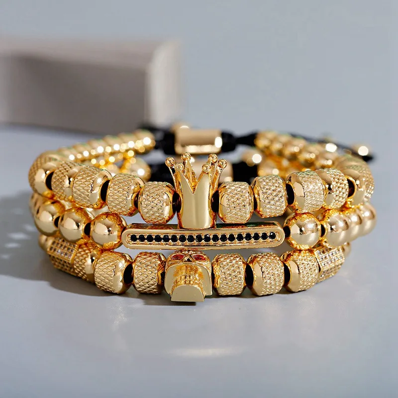 2022 Luxury Crown Bracelet Set Men Fashion Skull Strip Gold Color Copper Beads Bracelets&Bangles Pulseira Masculina