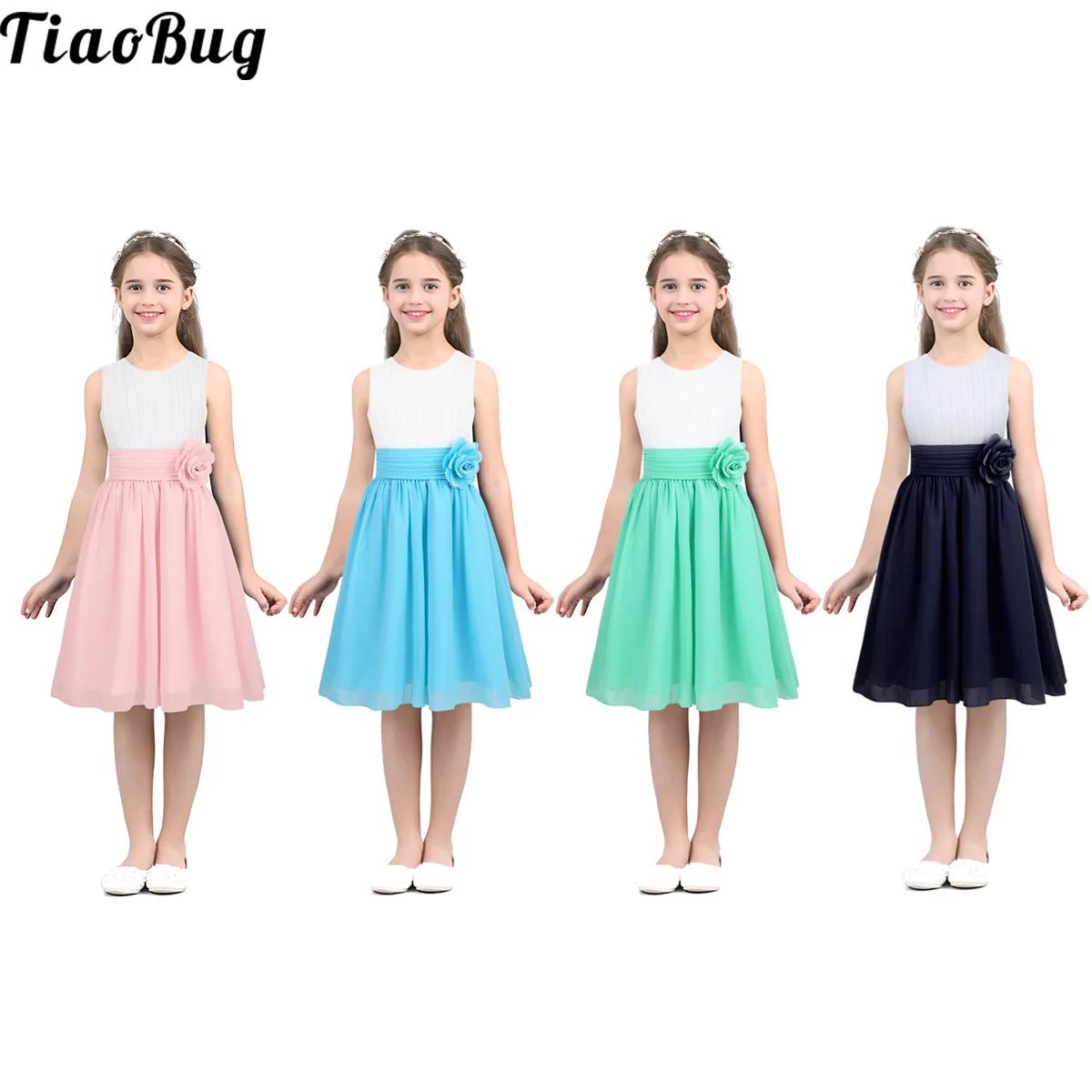 TiaoBug Summer Kids Girls Sleeveless Pleated Flower Girl Dress Princess Pageant Wedding Bridesmaid Birthday Party Dress