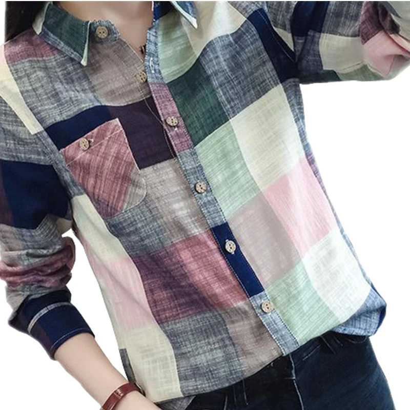 

2020 Casual Plaid Women Blouses Kimono Vintage Linen Cotton Long Sleeve Blouse Female Shirts Tops Camisa Feminina Chemise Femme