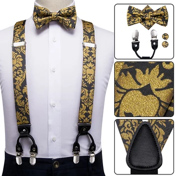 Hi-kravat ipek yetişkin erkekler jartiyer Set deri Metal 6 klipler parantez altın çiçek Vintage erkek moda elastik düğün jartiyer