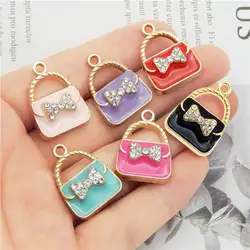 Julie Wang 6PCS Enamel Bag Charms Mixed Colors Rhinestone Handbag Alloy Women Purse Bag Pendant Jewelry Making Accessory