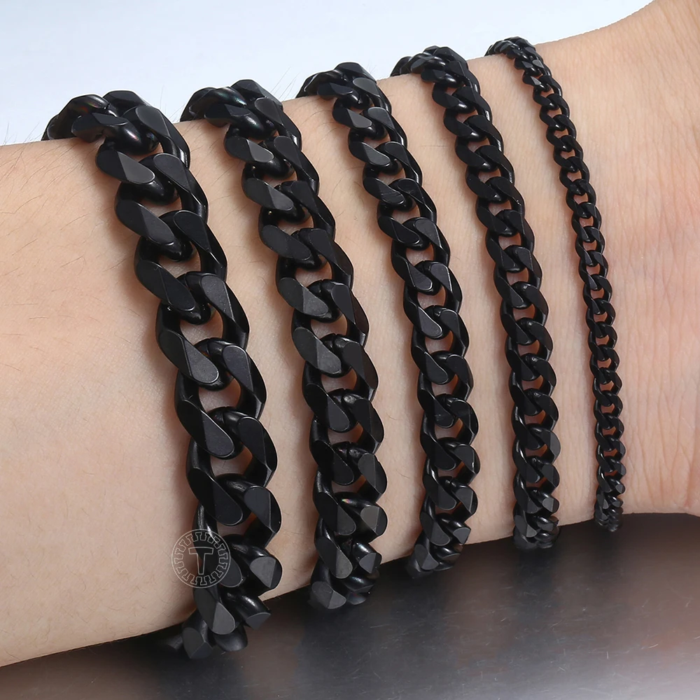 3-11mm Black Stainless Steel Bracelet for Men Women Gold Color Cuban Link Bracelet Wholesale Jewelry 7-11 Inch Gifts KBB4 image 2