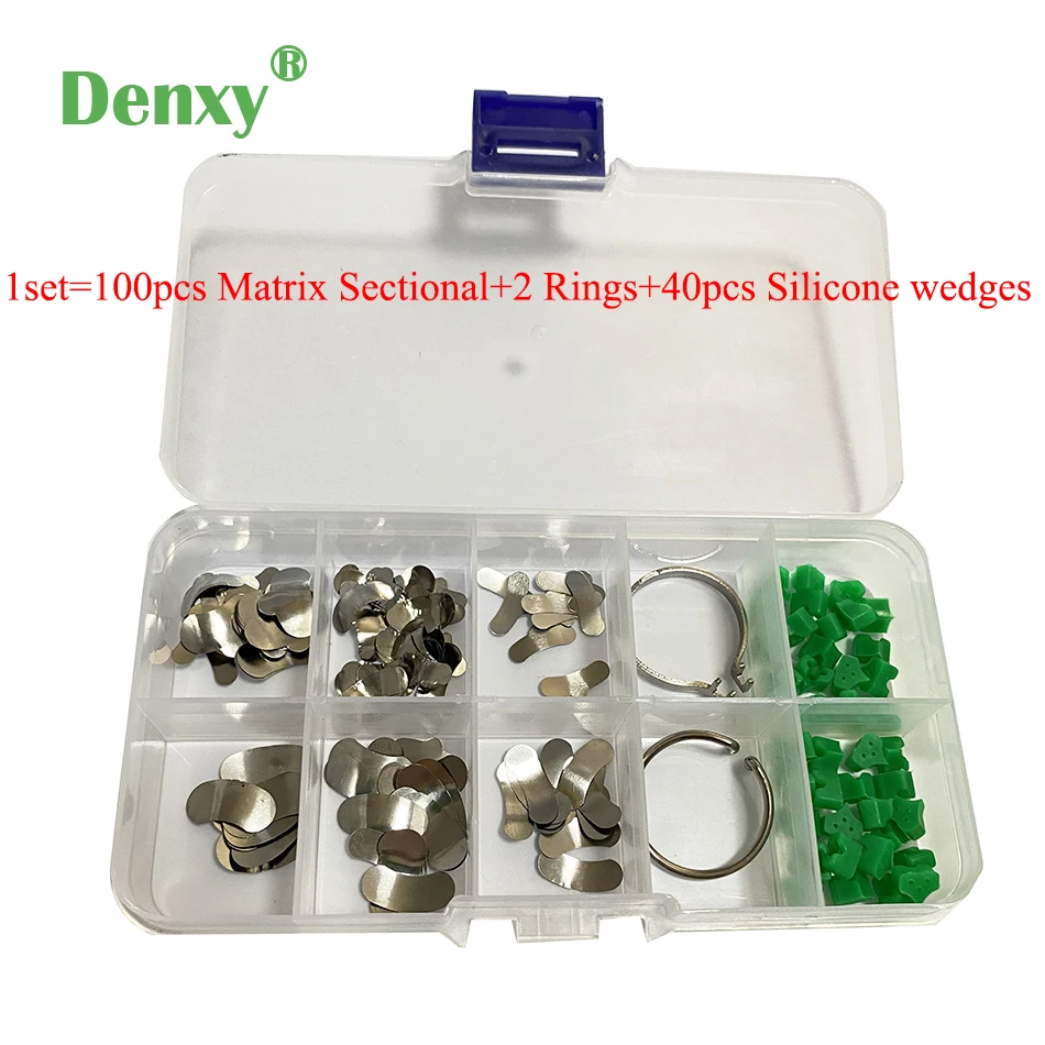 Denxy Dental Matrix Cross-Section 100pcs Sectional Contoured Matrices +2 Rings+40Pcs Silicone Wedges Matrix Bands