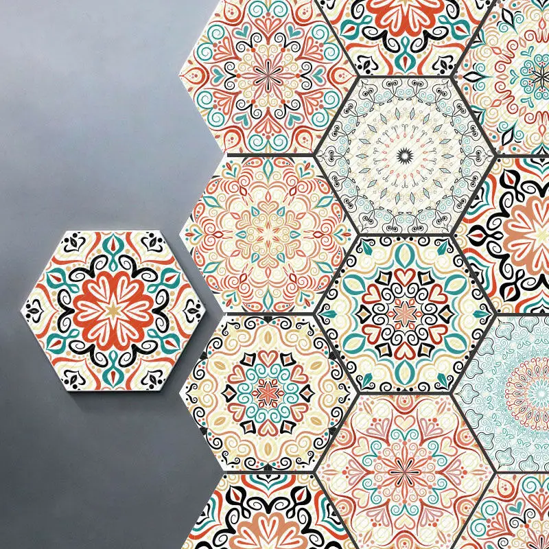 10Pcs Moroccan Style Self-Adhesive Tiles Stickers Hexagonal Ethnic Mandala Style Bathroom Kitchen Floor Wall Tiles Stickers