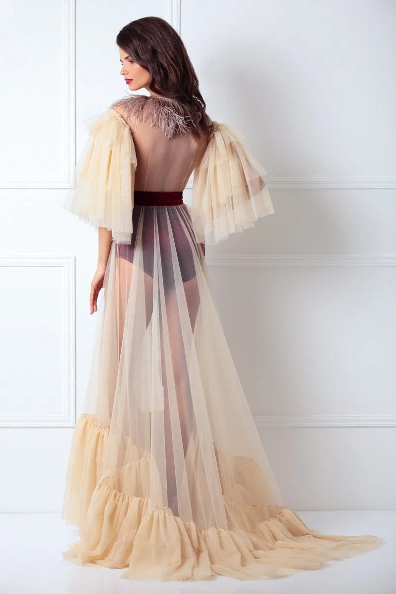 Fashion Feathers Edge Night Robes Tulle Puffy Sleeves Sweep Train Women Sleepwear Nightgown Robes with Belt