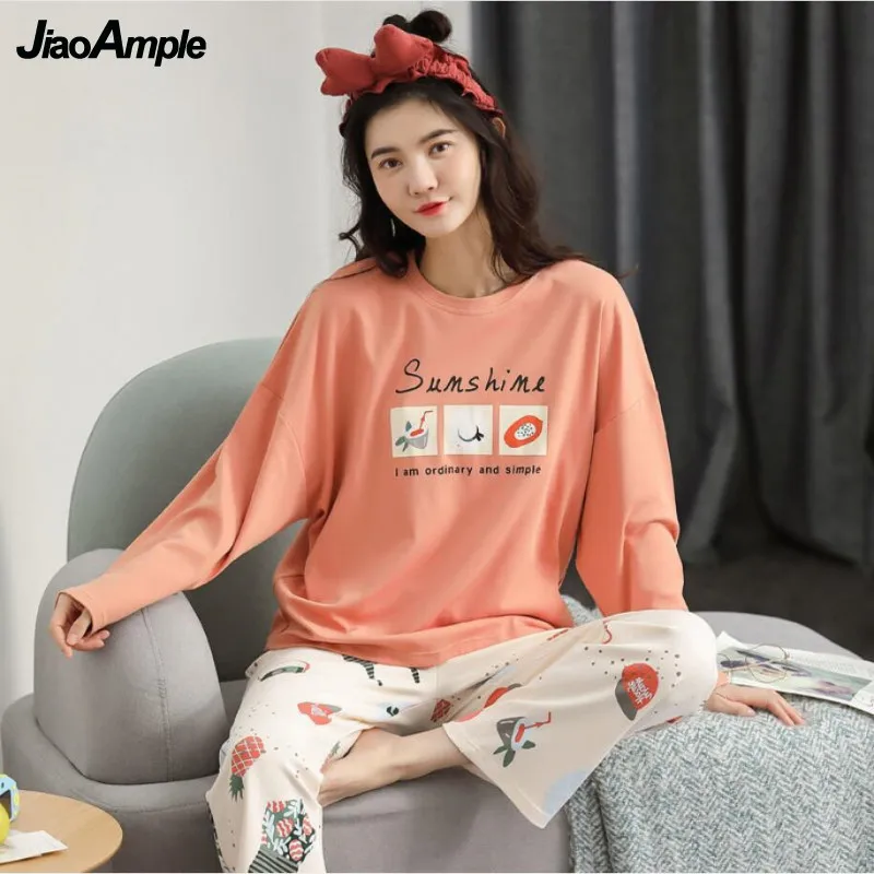 Women's Pajamas Spring Autumn New O-Neck Loose Long-sleeved Trousers Pijamas Two-piece Korean Cartoon Sleepwear Suit