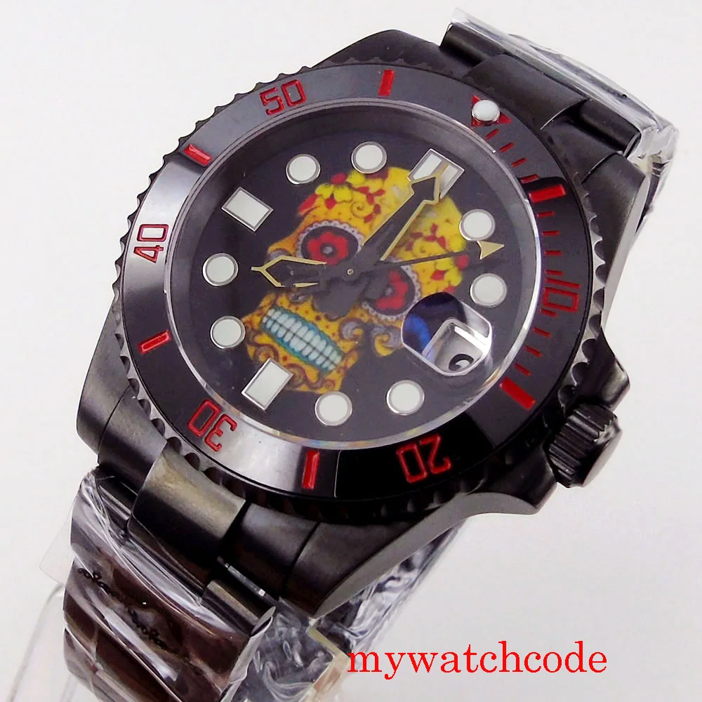 40MM Black PVD Plated Bliger NH35A Mechanical Automatic Men Watch Skeleton Pattern Luminous Dial Bracelet