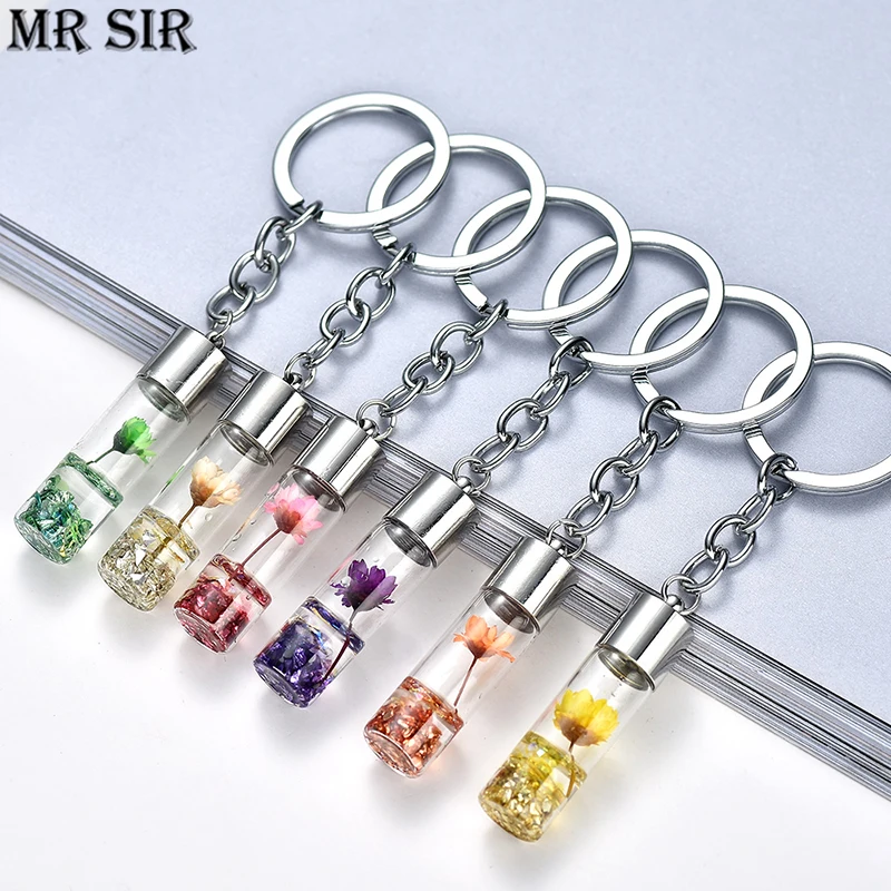 Megmunkalás Természetes Örök virágos keychain Száradt virágos Növény kulcs Megláncol wishing Palackol keyrings kulcs jogosultja Nők Hosszúnadrág kiegészítők