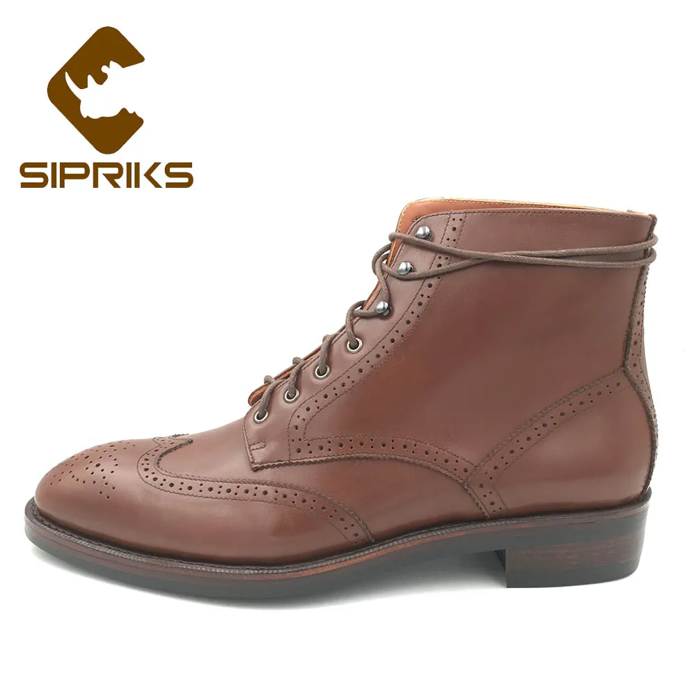 Sipriks Mens Cowboy Boots Full Brogues Shoes Brown Calf Leather Ankle Boots Vintage Wingtip Military Boots Rubber Sole Handmde