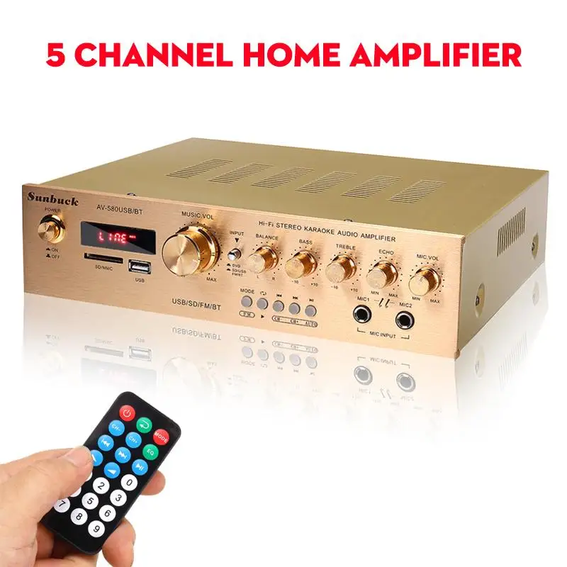 บลูทูธ220V HiFi เครื่องขยายเสียงบ้าน Amp สเตอริโอ AV Surround Digital Amplifier FM คาราโอเกะ Cinema 5CH โฮมเธียเตอร์เครื่องขยายเสียง