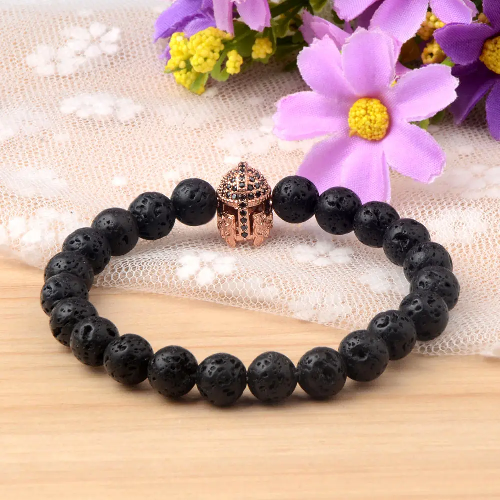 Natural Stone Black Lava Beads Bracelet Spartan Warrior Gladiator Helmet Fashion      Punk Style Bracelets For Women Men Jewelry view 2