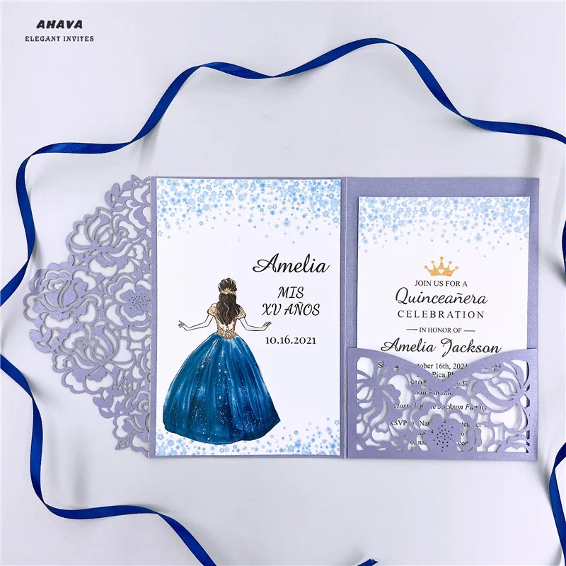 

50pcs Quinceanera Violet Color Laser Cut Floral Invitation Cards for Wedding / Party / Anniversary / Birthday free shipping