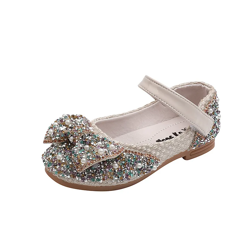 Zapatos de lentejuelas de colores con diamantes de imitación para niñas, zapatillas de princesa con pajarita, zapatos planos de baile, primavera y