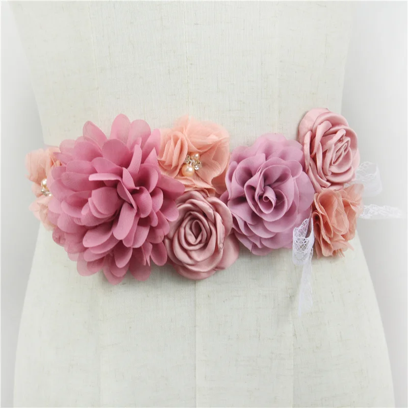 High Quality Pink Chiffon Flower Waistband Handmade Beaded Floral Maternity Belt Wedding Dress Sash Cute Accessories for Women