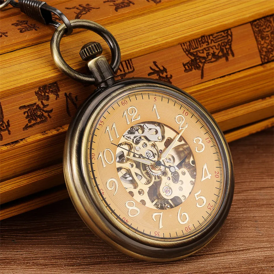 Antique Bronze Mechanical Pocket Watch Automatic Self Winding Retro Open Face Pendant Pocket Clock Gifts Male New Arrival 2021