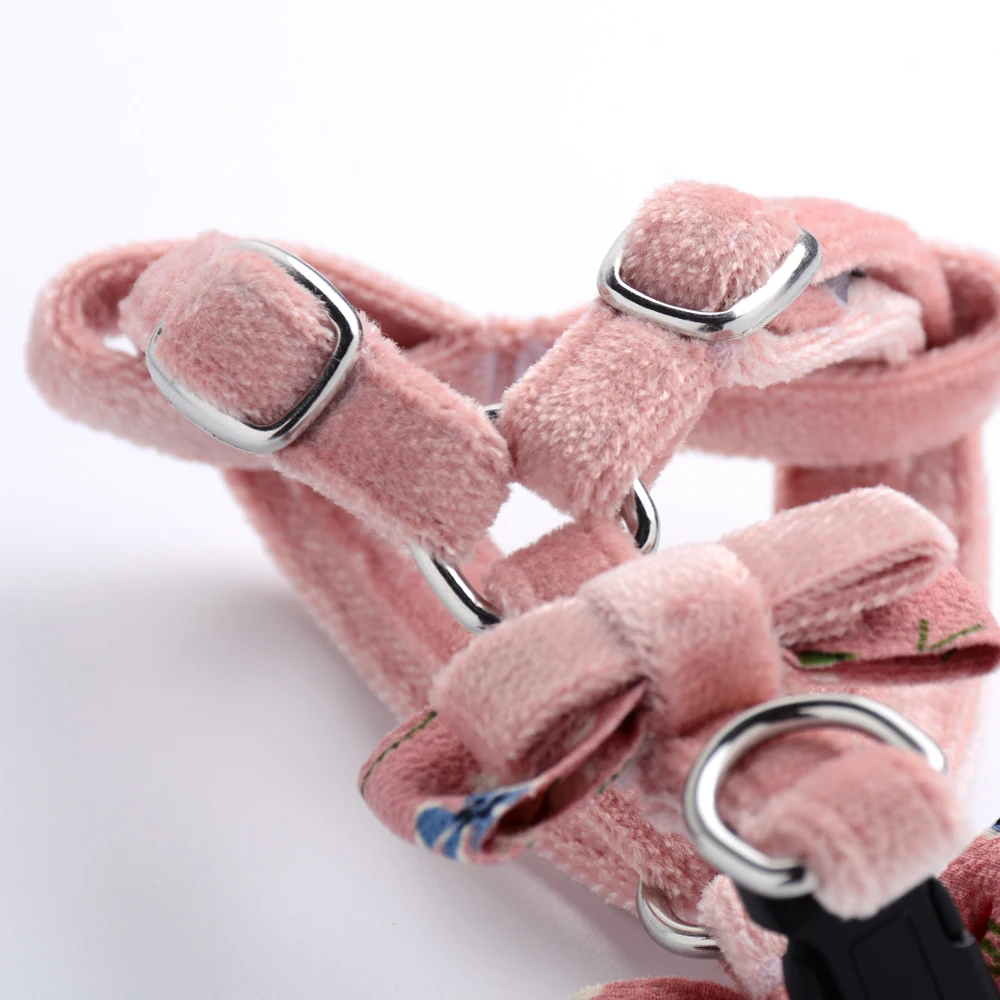 Pink Floral Flocking Dog Collar With Rhinestone For Small Dogs Pink White Pet Harness Princess Cat Comfort Walking Pitbull Pugs
