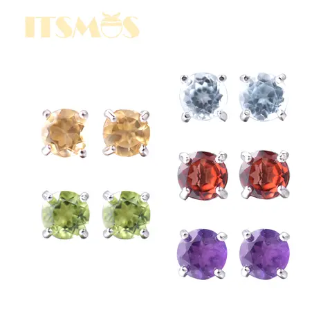 ITSMOS Topaz Garnet Amethyst Citrine Natural Stone Earrings Classic Peridot s925 Silver Stud Earrings Jewerly Brithday Gift