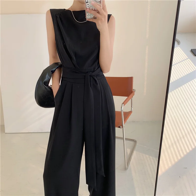 Elegant Woman Green Sleeveless Jumpsuit Summer Outfit Bandage High Waist Wide Leg Pants Black Rompers Playsuits Female Overalls