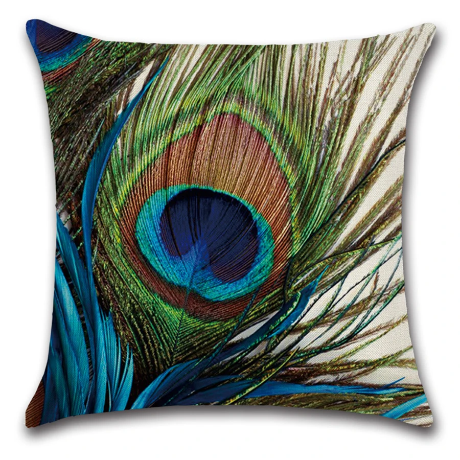 Peacock Feather Printed Decorative Pillow Case Animal Bird Cotton Linen Cushion Covers for Car Sofa Home Decoration 45x45cm