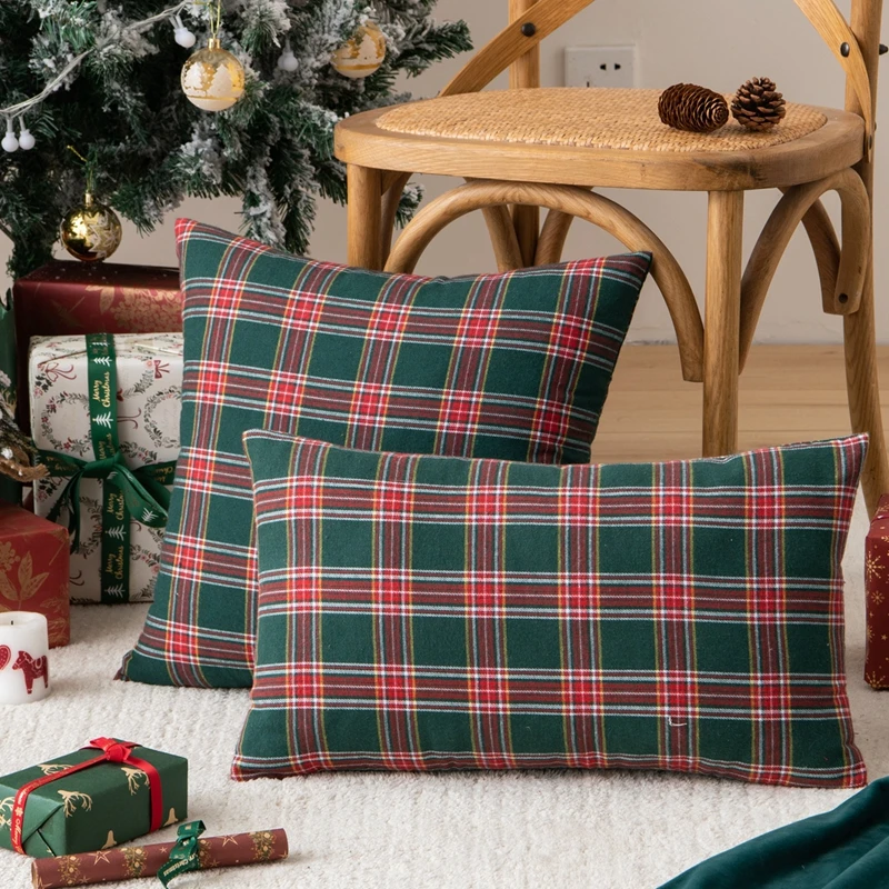 Inyahome Christmas Plaid Decorative Throw Pillow Covers Scottish Tartan Cushion Case for Farmhouse Home Holiday Decor Red Green