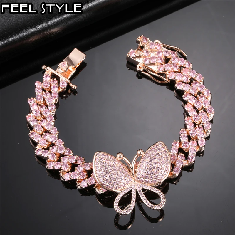 Hip Hop 12MM Bling Iced Out Pink Butterfly Cuban Prong Chain Full Copper CZ Men's Bracelet for Men Women Jewelry