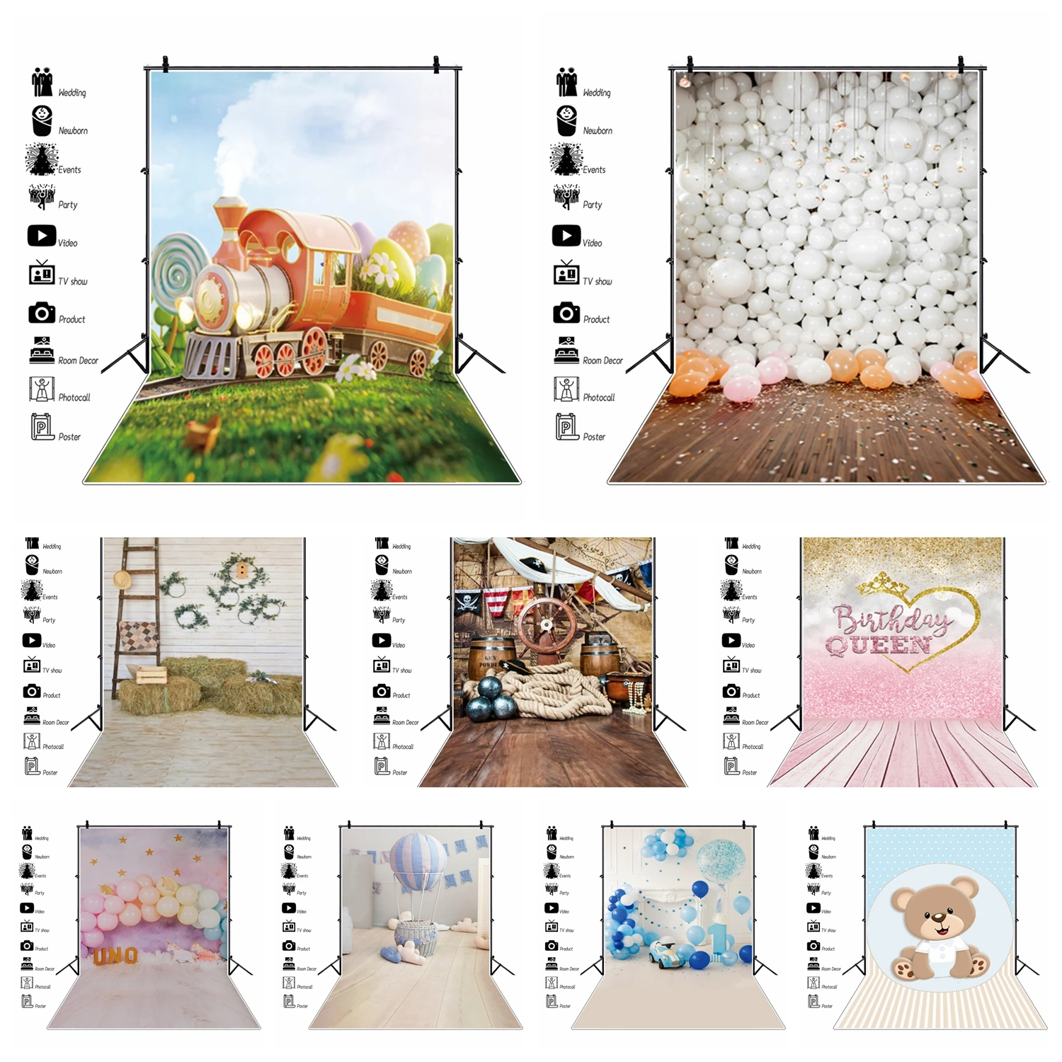 Laeacco สีชมพูน่ารักบอลลูนวันเกิดพื้นหลังถ่ายภาพ1ปีธงประดับวันเกิด Baby Shower ฉากหลังสำหรับถ่ายภาพ