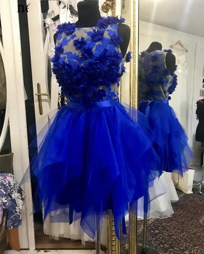 Short Cocktail Dresses 2025 Royal Blue Handmade Flowers Organza Ruffles Prom Party Formal Dress Robe DE Soriee