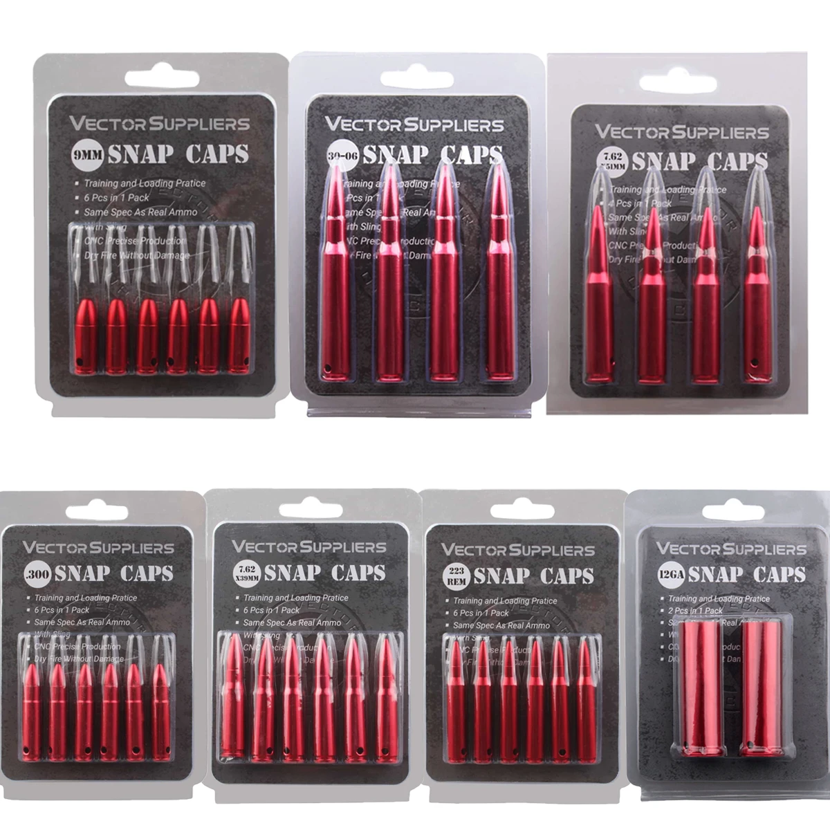 Vector Optics-Round Bullet Snap Caps, cartucho de calibre, furo para treinamento, metal tático, 9mm,. 300,. 223, 12GA, 7,62