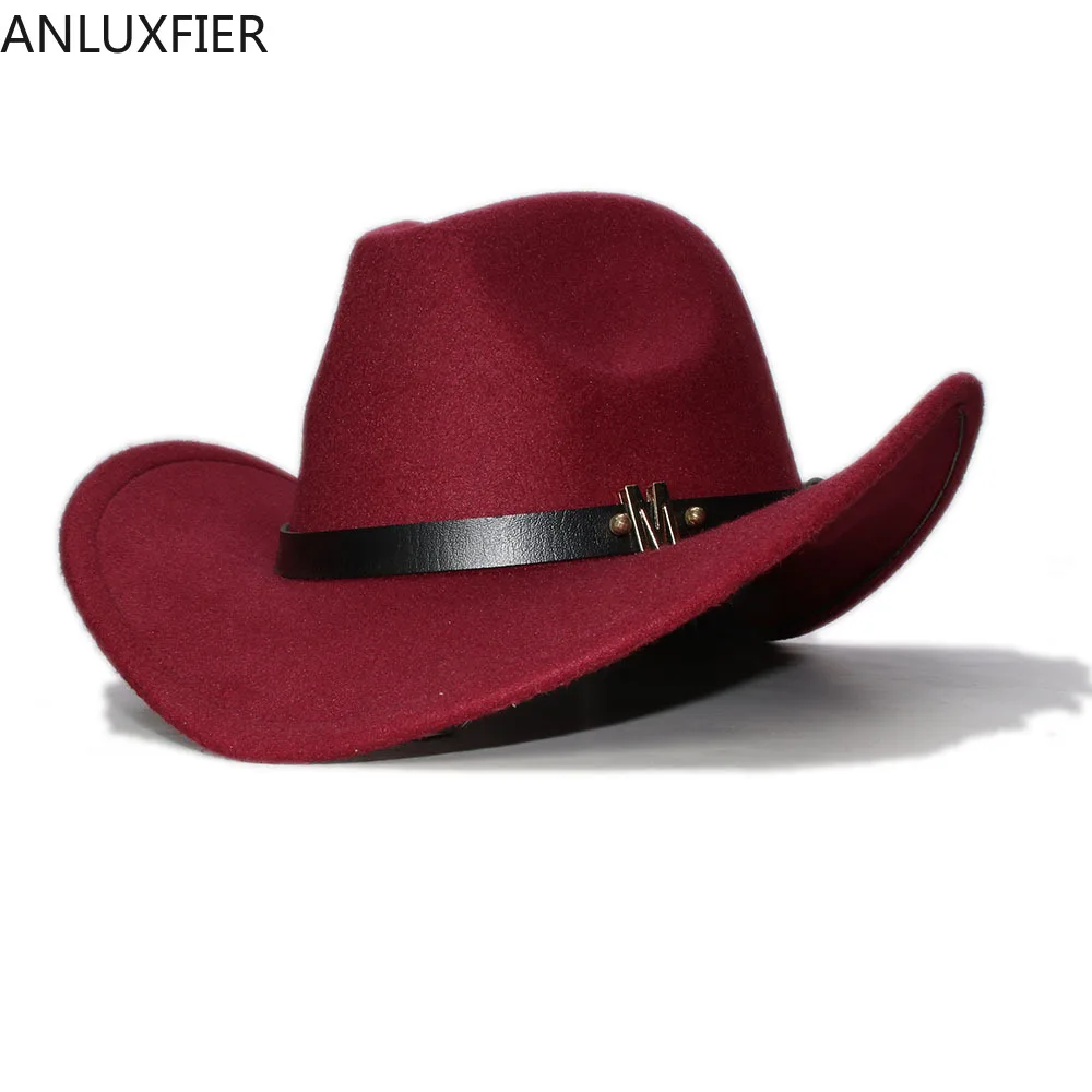 

A183 Adult Wool Fedoras Hat Male Female Leather Belt Woolen Caps Children Parent and Child West Cowboy Hat Large Brimmed