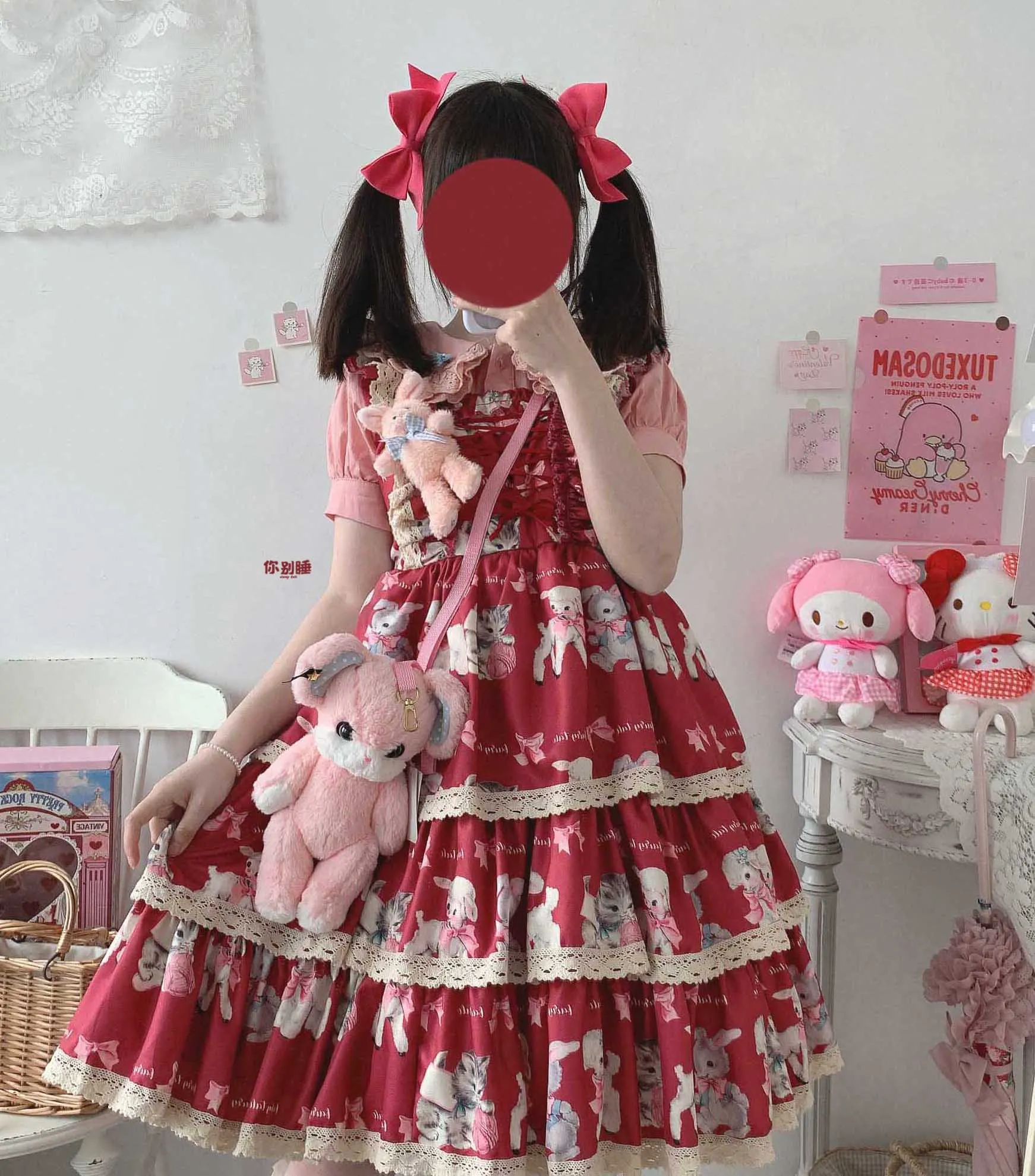 Sweet Cat Cute Girl Daily Cute Printing Lace Bowknot Cartoon Bandage Jsk Dress High Waist Victorian Dress Kawaii Girl Gothic