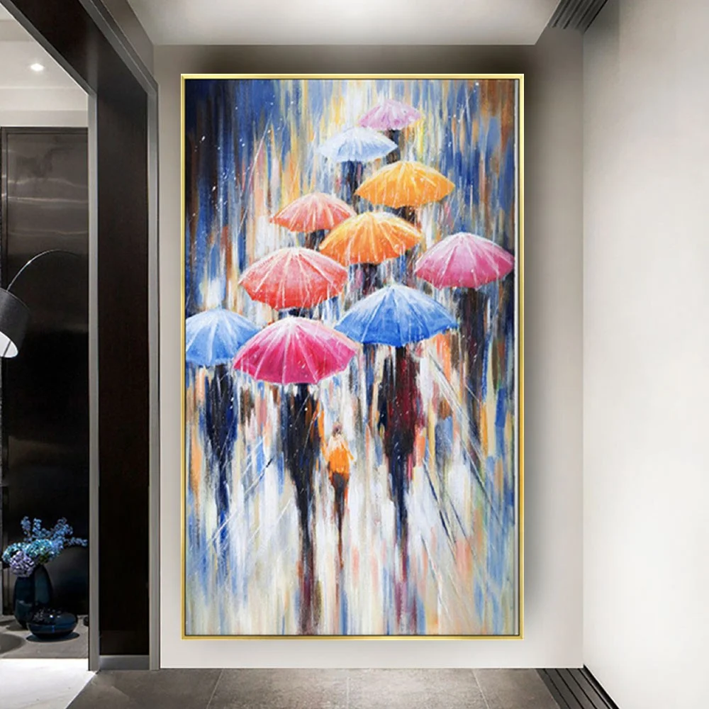 Handmade Streetscape Oil Painting Abstract Rainy Street Scene And Colorful Umbrellas Crowd Wall Art Picture Decor Living Room