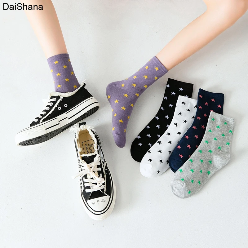 1Pairs Small Star Trend Medium Tube Socks Japanese Women\'s Cotton Socks