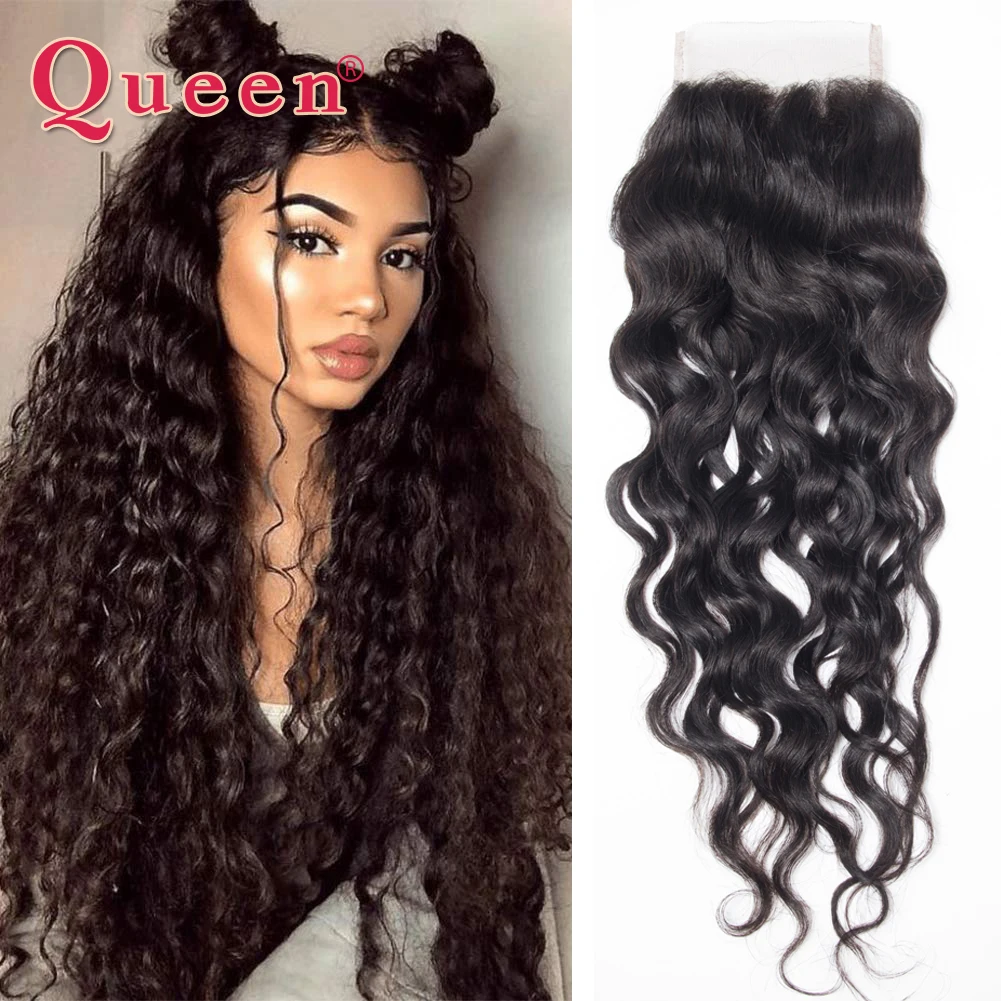 Queen Hair-Perruque Lace Closure Brésilienne Remy Naturelle, Cheveux Ondulés, 4x4, Transparent, Partie Libre/Centrale/Trois