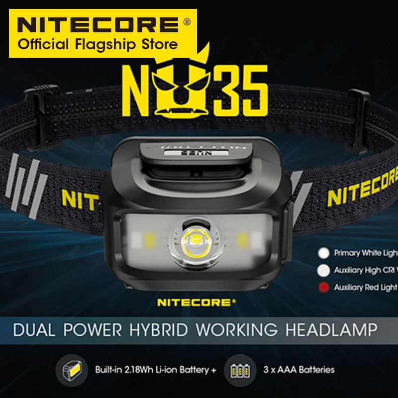 NITECORE-faro delantero NU35, lámpara de trabajo híbrida de larga duración, con múltiples luces, para senderismo, con batería AAA