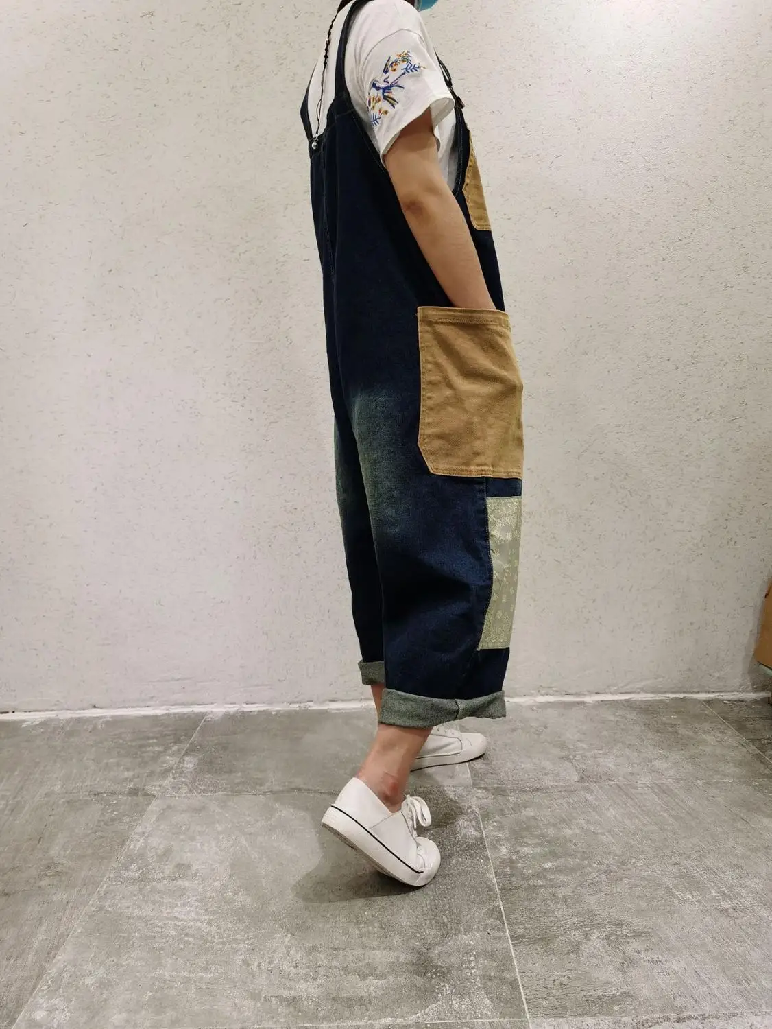 Patchwork Cargo Jean Jumpsuits Suspenders Cowboy Wide Leg Long Pants Baggy Outdoors Denim Rompers Japanese Hiphop Pocket Overall