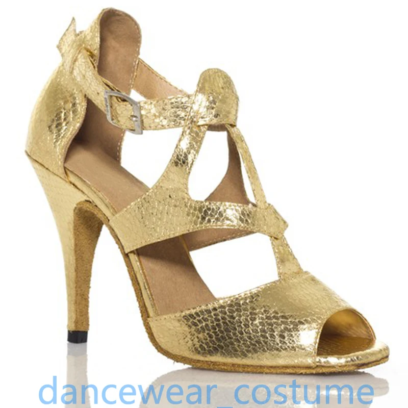 New Women Gold Prom Party Ballroom Latin Tango Samba Rumba Salsa Dance Shoes Competition Practice Soft Suede Heels Sandals US5-9