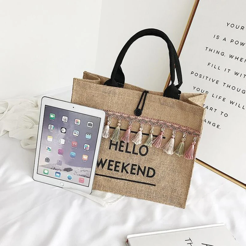 Canvas Handbag Women Large Capacity Tassel Shoulder Bag Simple letter Top-handle Bag Linen Lady Tote Shopping Weekend Bag Bolso