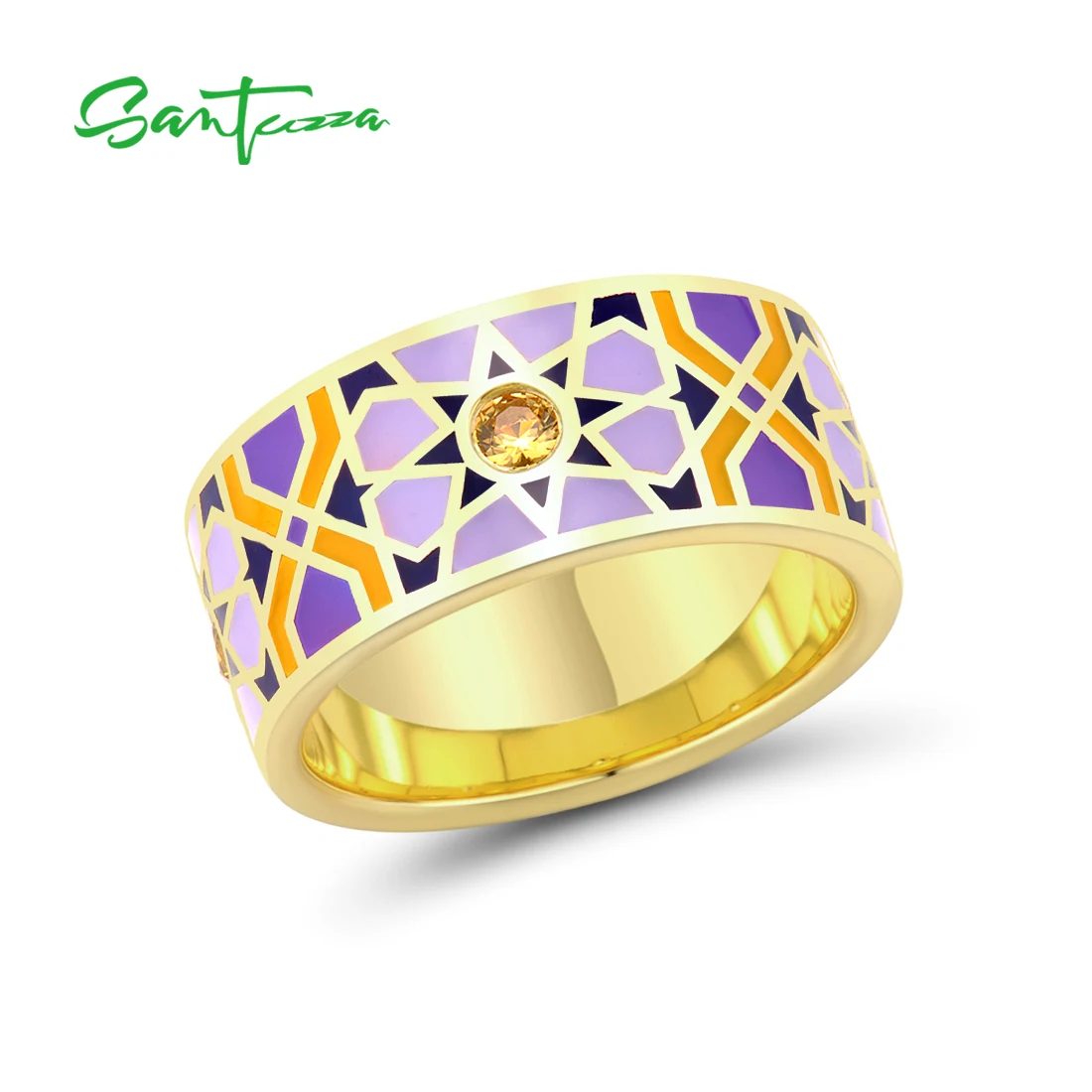 

SANTUZZA Authentic 925 Sterling Silver Rings For Women Yellow Nano Cubic Zirconia Purple Geometric Enamel Fine Jewelry Handmade