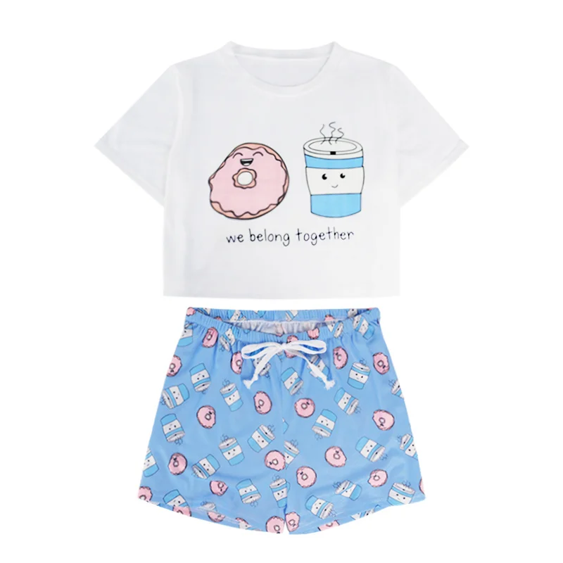 Pyjama en coton pour femmes, vêtements de nuit, mignons, imprimés de dessins animés, t-shirts, Shorts, Pj, été