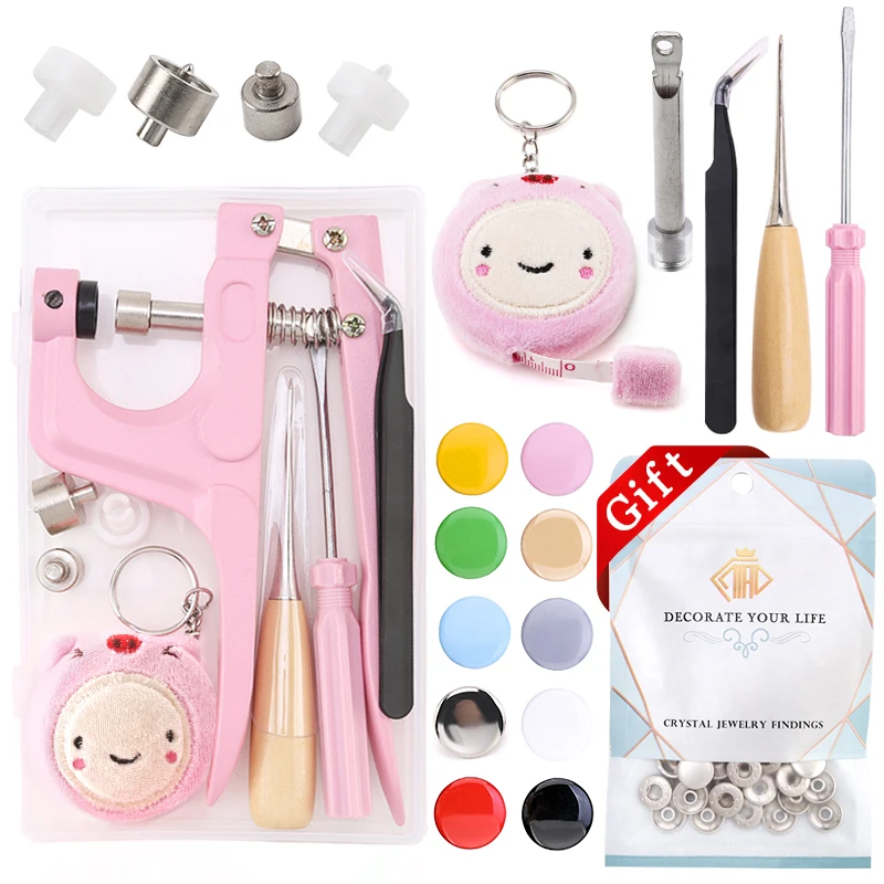 Snap Buttons Fasteners Tool Set Pink Snaps Pliers With Tape Measure Press Studs Snaps Buttons For Clotheing/Jackets/Jeans/Bag