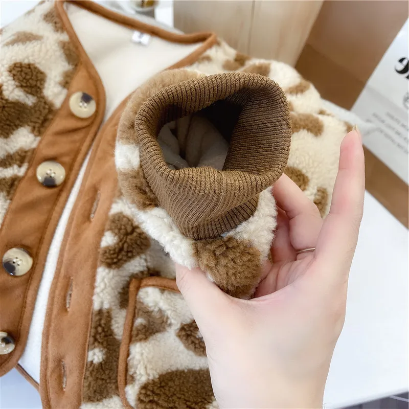 2-7Y Girls Jacket Leopard Print Fashion Lamb Cashmere Plus Velvet Thick Coat Jacket 21 Autumn Winter New Children\'s Clothing